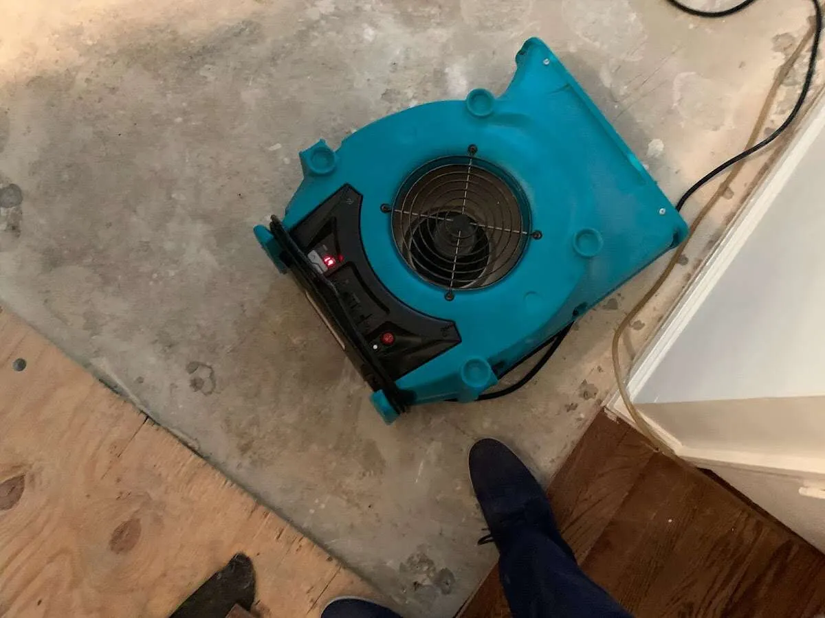 Air mover drying subfloor during Commercial Water Damage Restoration in Collinsville